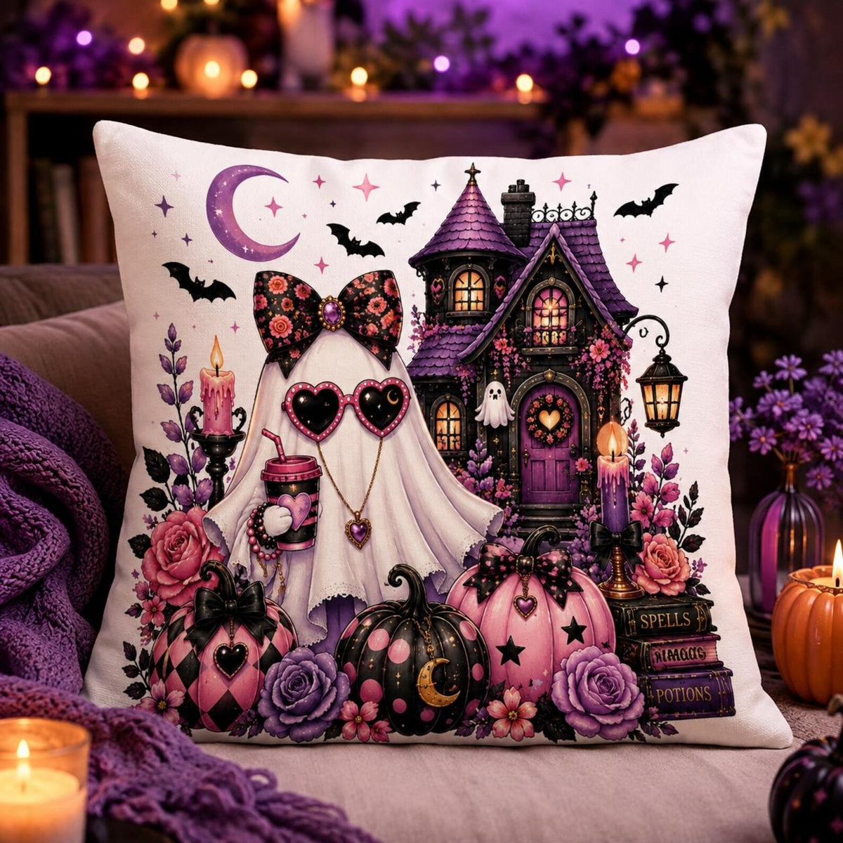Cute Halloween Ghost Pillow Cover, Pink Witchy Haunted House Decor, Floral Pumpkin Throw Cushion, Spooky Fall Home Accent, Halloween Gift