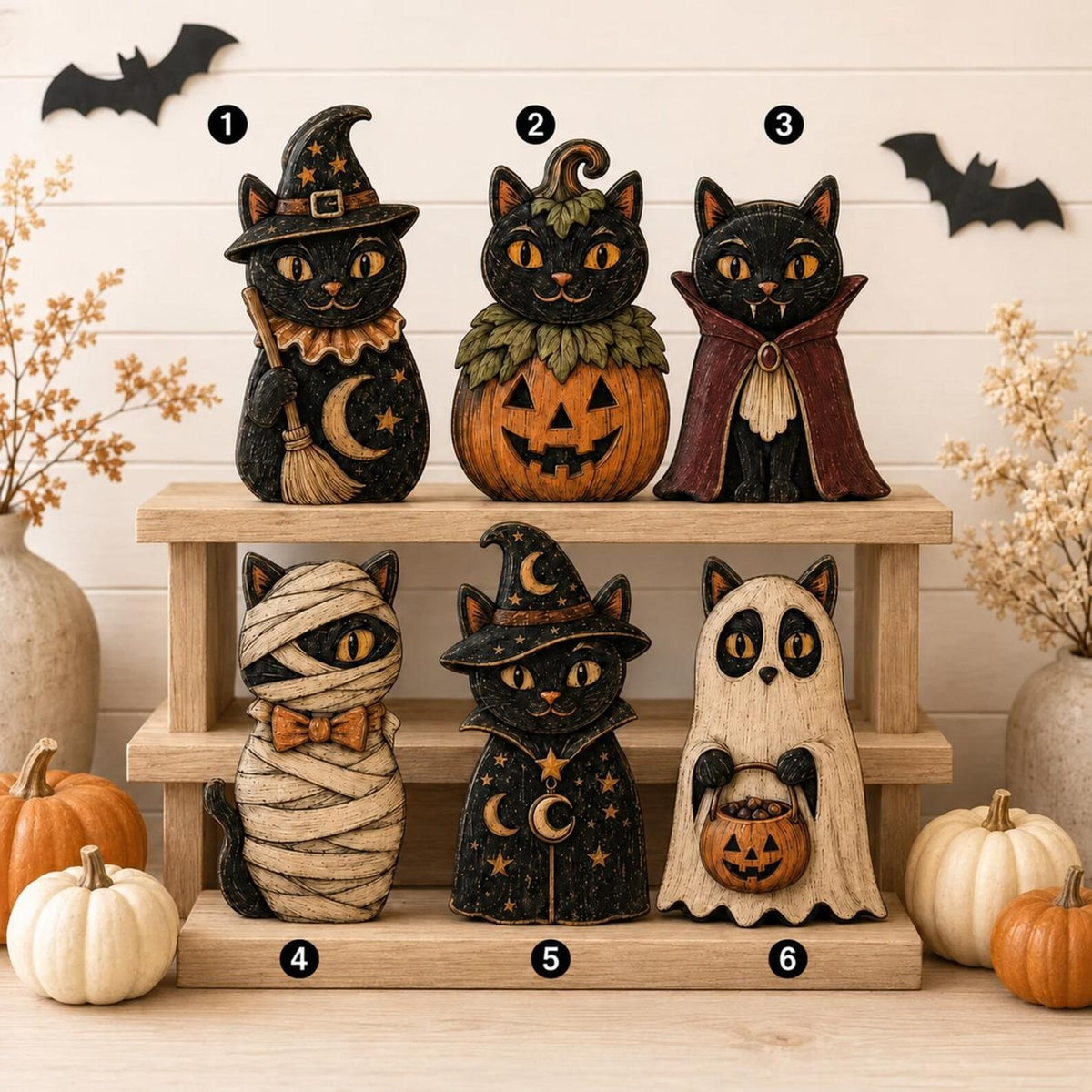 Halloween Black Cat Wooden Decor, Witch Vampire Mummy Ghost Shelf Sitter, Spooky Tiered Tray Decoration, Vintage Fall Tabletop Decor, Cat Lover Gift