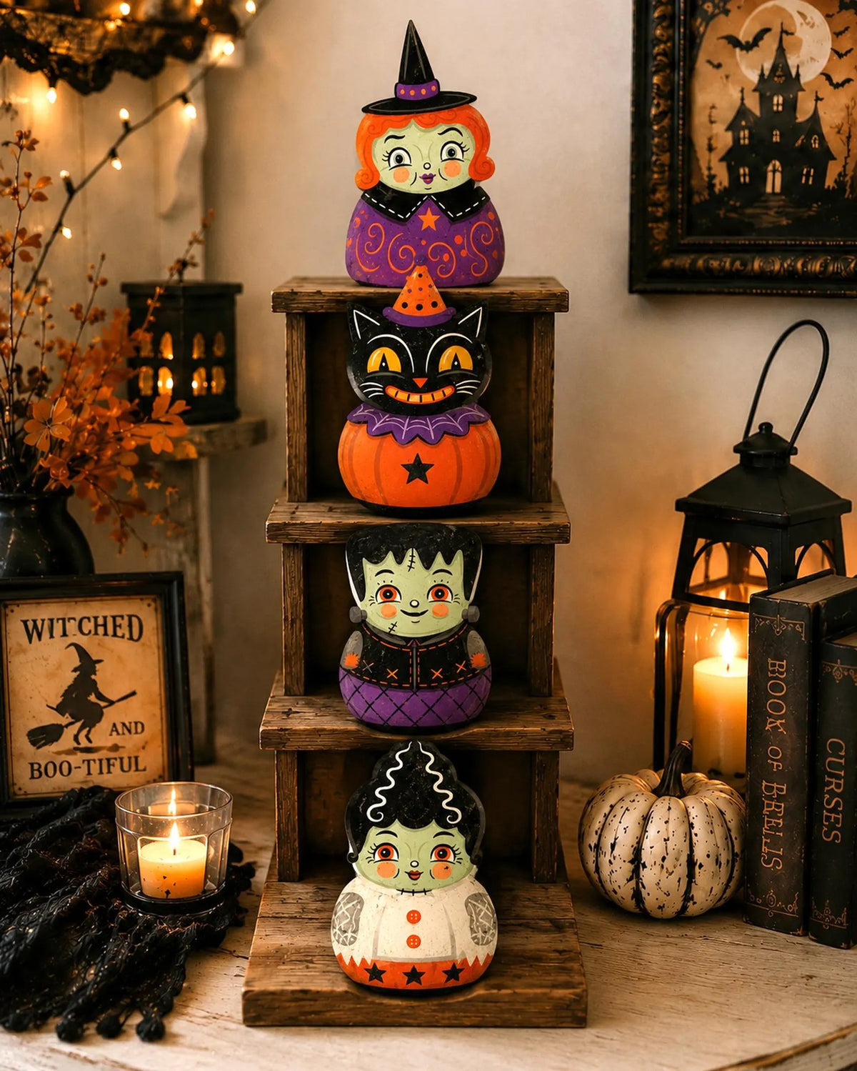 Vintage Halloween Wooden Block, Witch Black Cat Monster Decor, Retro Folk Art Character, Farmhouse Tiered Tray Decoration, Fall Halloween Gift
