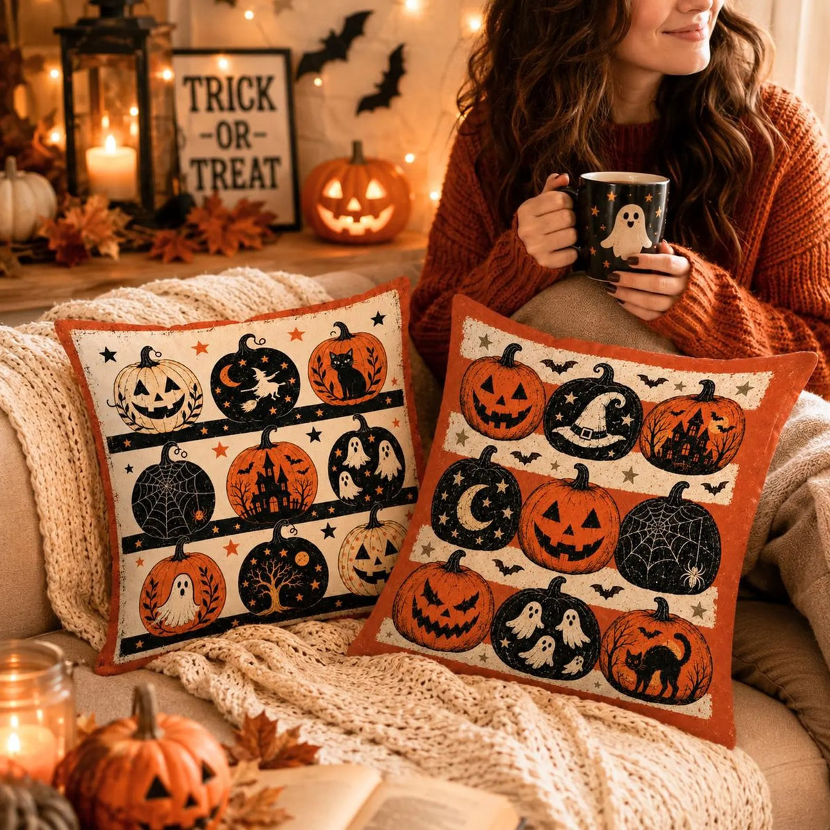 Vintage Halloween Throw Pillow Cover, Spooky Pumpkin Ghost & Black Cat Cushion, Cute Fall Home Decor, Halloween Housewarming Gift