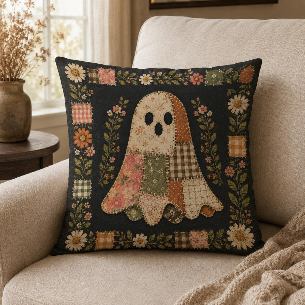Halloween Ghost Pillow Cover, Vintage Patchwork Floral Throw Pillow, Cute Spooky Cushion Case, Cottagecore Fall Home Decor, Halloween Gift