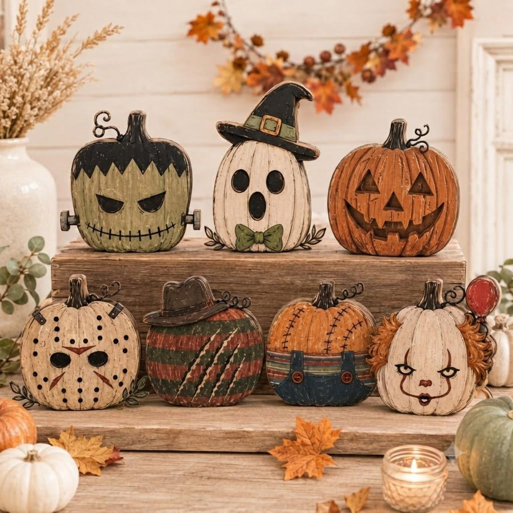 Vintage Halloween Villains Wooden Blocks, Spooky Characters Shelf Decor, Halloween Characters Wooden Block, Frankenstein – Jack Skellington – Jack-o'-Lantern – Jason Voorhees – Freddy Krueger – Chucky – Pennywise