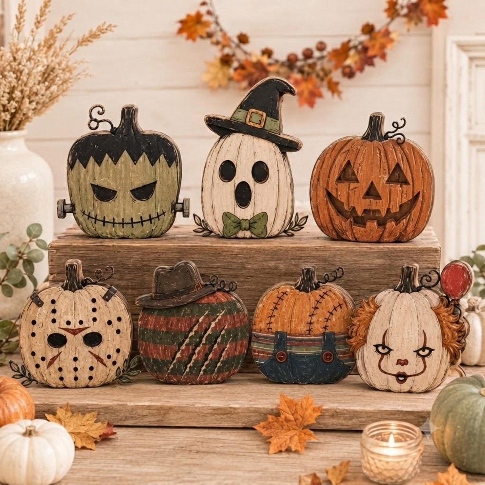 Vintage Halloween Villains Wooden Blocks, Spooky Characters Shelf Decor, Halloween Characters Wooden Block, Frankenstein – Jack Skellington – Jack-o'-Lantern – Jason Voorhees – Freddy Krueger – Chucky – Pennywise