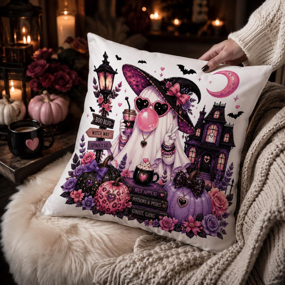 Cute Halloween Ghost Pillow Cover, Pink Witchy Haunted House Decor, Floral Pumpkin Throw Cushion, Spooky Fall Home Accent, Halloween Gift