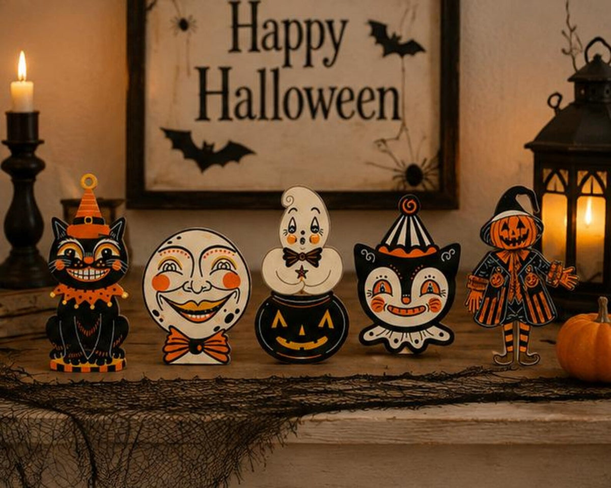 Vintage Halloween Wooden Block Decor, Retro Cat Ghost Pumpkin Moon Witch Shelf Sitters, Spooky Mantel & Tiered Tray Decoration, Rustic Fall Home Decor