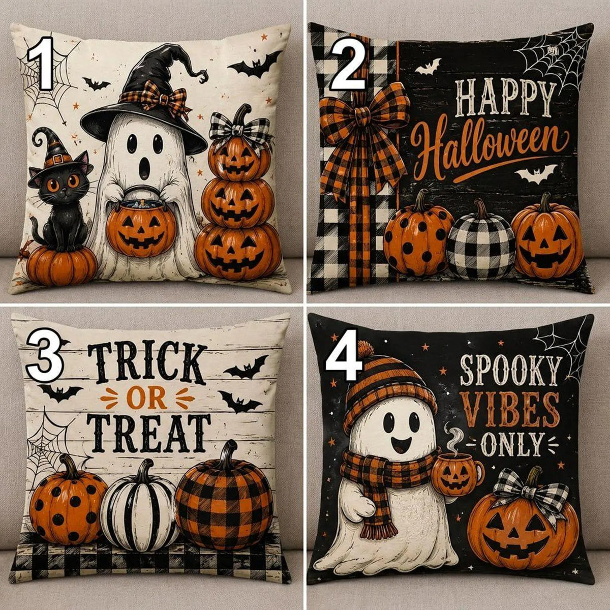 Halloween Throw Pillow Cover, Cute Ghost Pumpkin Pillowcase, Black Cat Cushion Cover, Buffalo Plaid Farmhouse Decor, Spooky Fall Home Accent