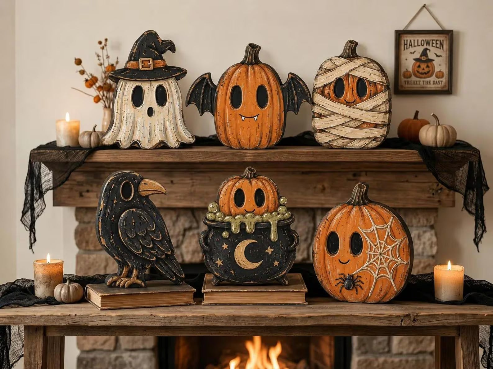 Rustic Halloween Wooden Decor, Wooden Shelf Sitters, Spooky Farmhouse Tiered Tray Decor, Whimsical Fall Mantel Display, Autumn Home Decor