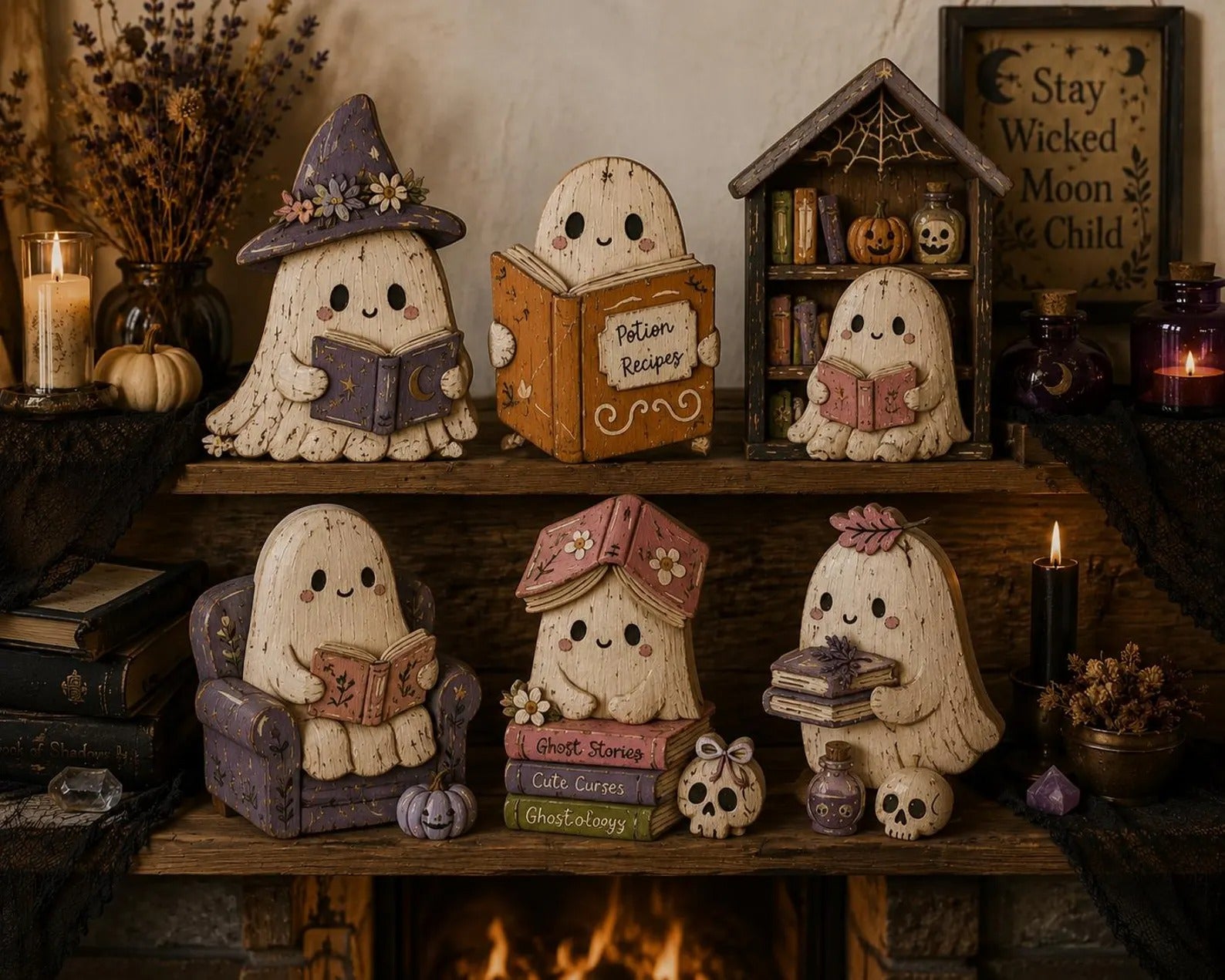 Cute Ghost Reading Book Halloween Decor Set, Whimsical Spooky Season Wooden Blocks, Witchy Ghost Shelf Sitters, Fall Home Decoration