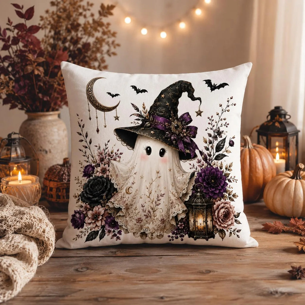 Halloween Ghost Pillow Cover, Cute Witch & Floral Gothic Decor, Spooky Fall Throw Pillow, Cozy Home Accent, Halloween Gift for Her