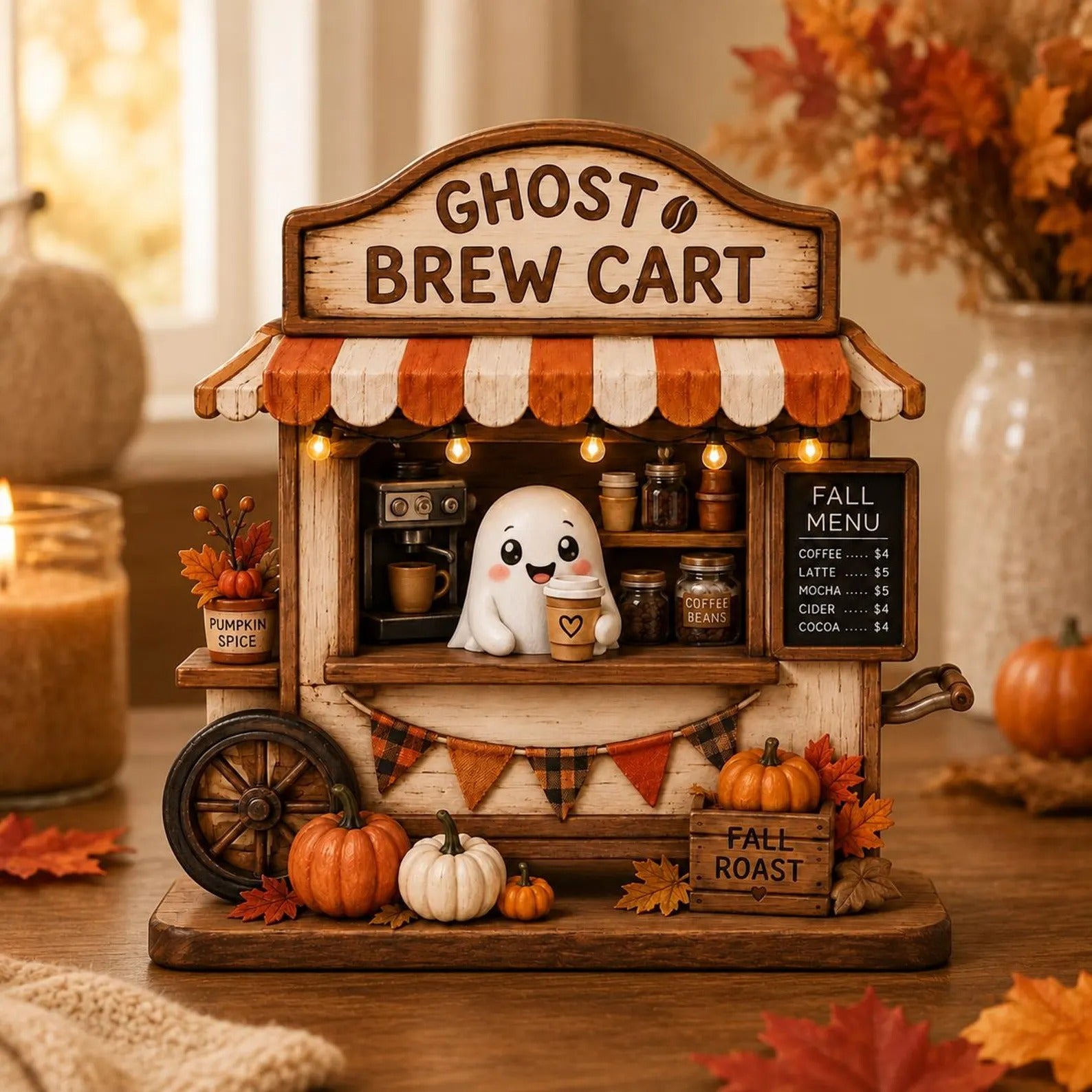 Ghost Brew Cart 2D FLAT Wooden Block, Spooky Coffee Table Accent, Halloween Decor