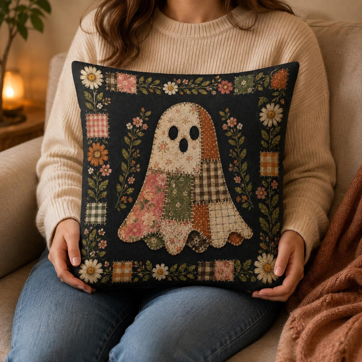 Halloween Ghost Pillow Cover, Vintage Patchwork Floral Throw Pillow, Cute Spooky Cushion Case, Cottagecore Fall Home Decor, Halloween Gift