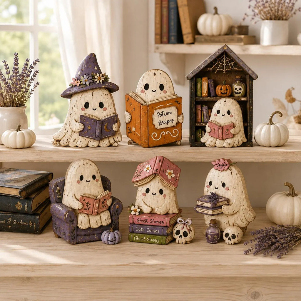 Cute Ghost Reading Book Halloween Decor Set, Whimsical Spooky Season Wooden Blocks, Witchy Ghost Shelf Sitters, Fall Home Decoration