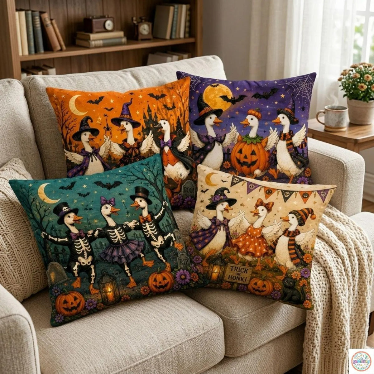 Trick or Honk Halloween Pillow Cover, Cute Spooky Goose Throw Pillow, Vintage Witch Goose Cushion Case, Whimsical Fall Home Decor, Halloween Gift