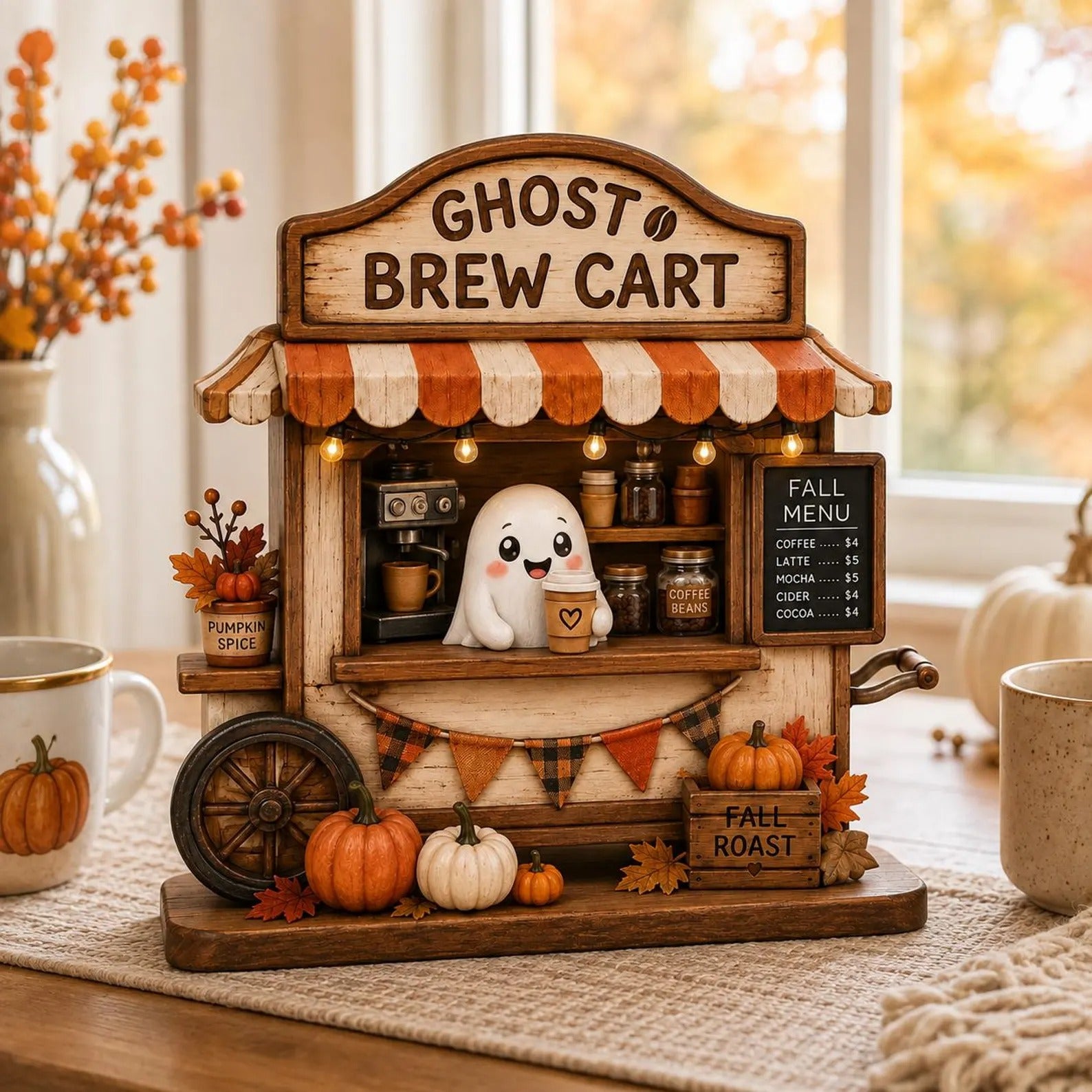 Ghost Brew Cart 2D FLAT Wooden Block, Spooky Coffee Table Accent, Halloween Decor