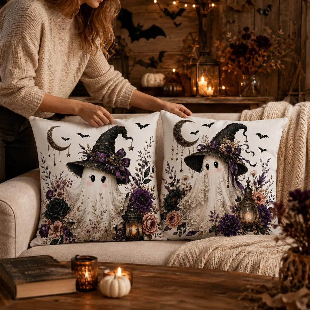 Halloween Ghost Pillow Cover, Cute Witch & Floral Gothic Decor, Spooky Fall Throw Pillow, Cozy Home Accent, Halloween Gift for Her