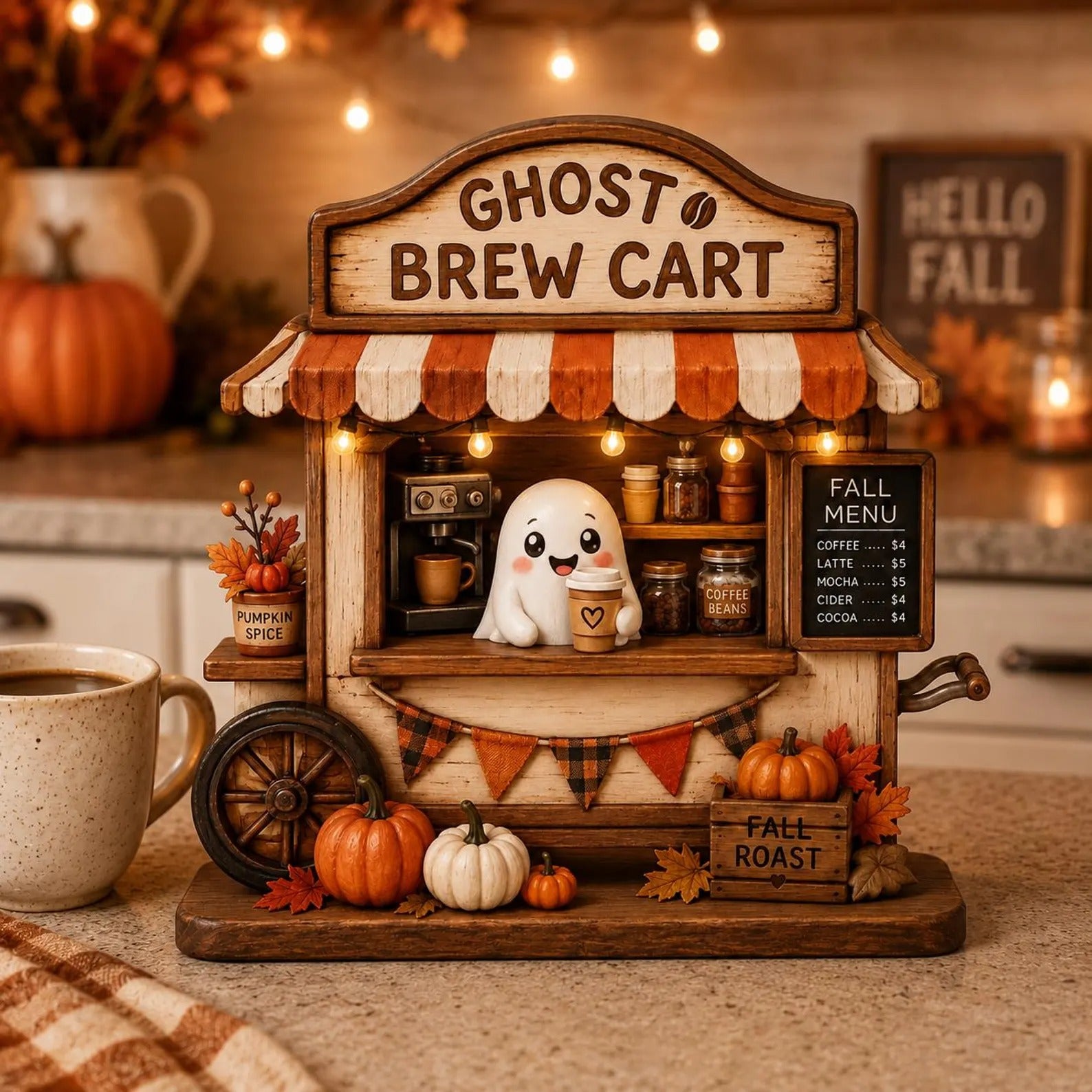 Ghost Brew Cart 2D FLAT Wooden Block, Spooky Coffee Table Accent, Halloween Decor