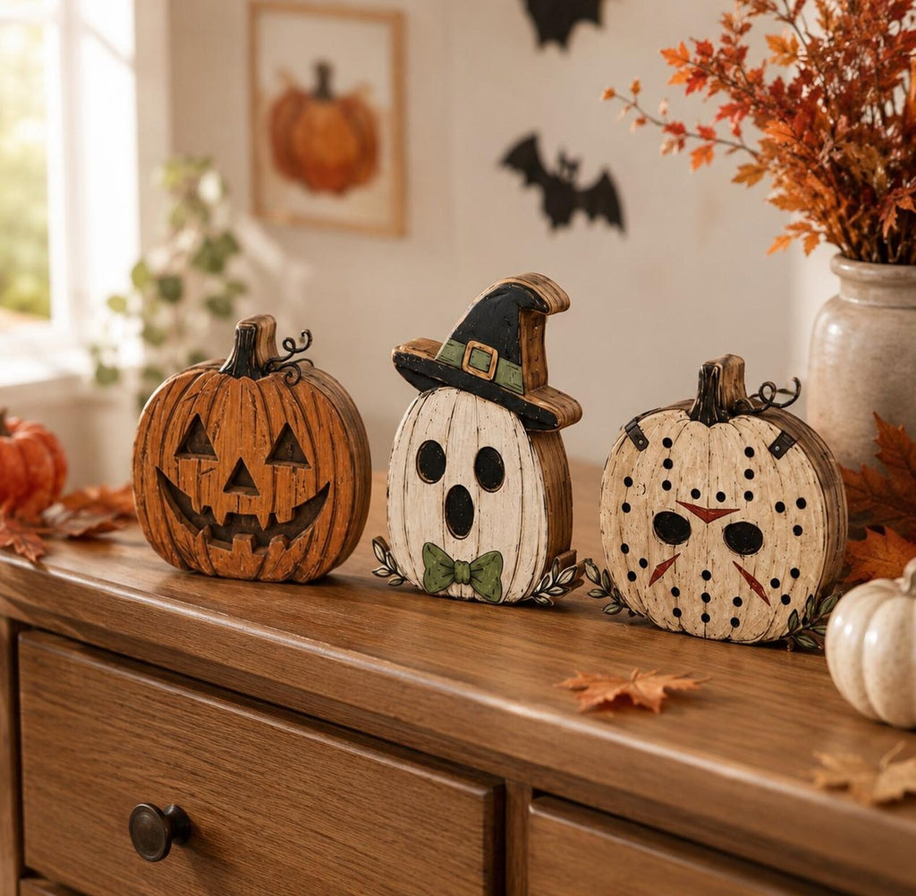 Vintage Halloween Villains Wooden Blocks, Spooky Characters Shelf Decor, Halloween Characters Wooden Block, Frankenstein – Jack Skellington – Jack-o'-Lantern – Jason Voorhees – Freddy Krueger – Chucky – Pennywise