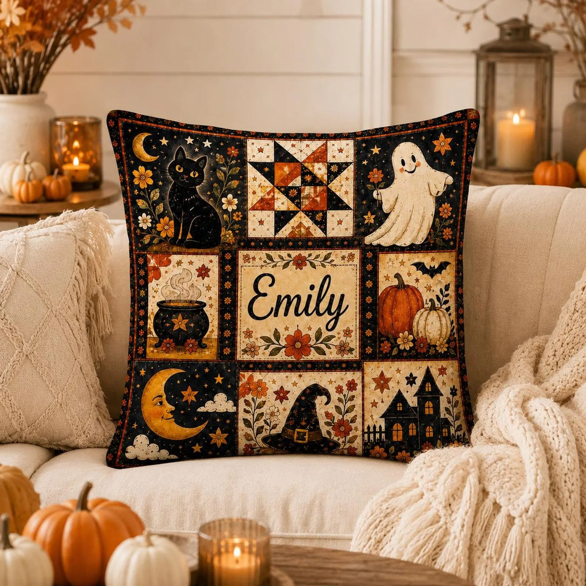 Custom Name Halloween Patchwork Pillow Cover, Vintage Pumpkin Ghost Black Cat Throw Pillow, Cozy Farmhouse Fall Decor, Personalized Spooky Cushion Gift