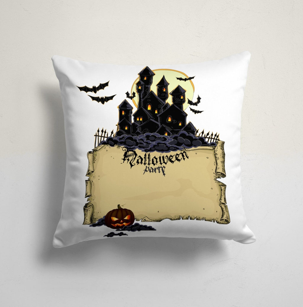 Halloween Spider Witch Hat Throw Pillow Cover, Carved Pumpkin & Haunted House Cushion Case, Spooky Fall Home Decor, Halloween Party Decoration
