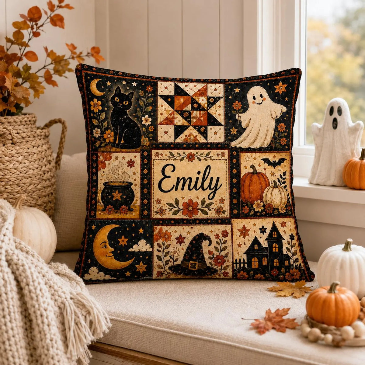Custom Name Halloween Patchwork Pillow Cover, Vintage Pumpkin Ghost Black Cat Throw Pillow, Cozy Farmhouse Fall Decor, Personalized Spooky Cushion Gift
