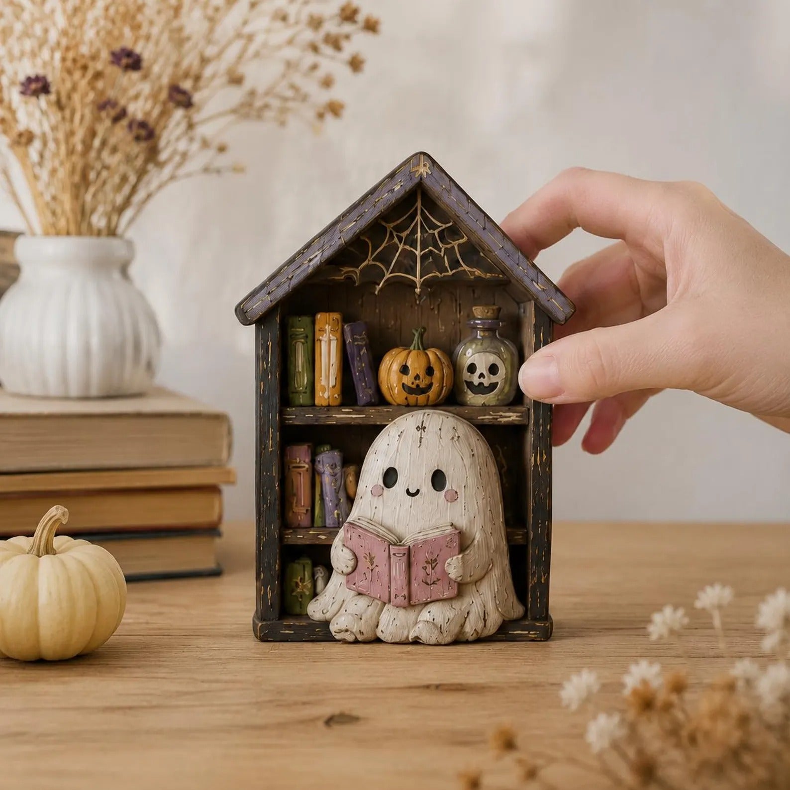 Cute Ghost Reading Book Halloween Decor Set, Whimsical Spooky Season Wooden Blocks, Witchy Ghost Shelf Sitters, Fall Home Decoration