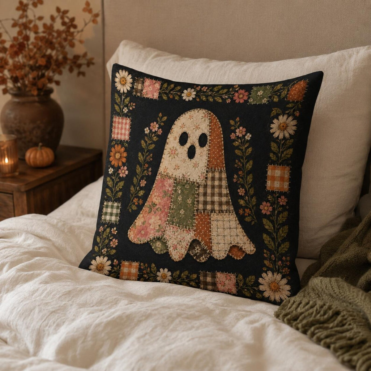 Halloween Ghost Pillow Cover, Vintage Patchwork Floral Throw Pillow, Cute Spooky Cushion Case, Cottagecore Fall Home Decor, Halloween Gift
