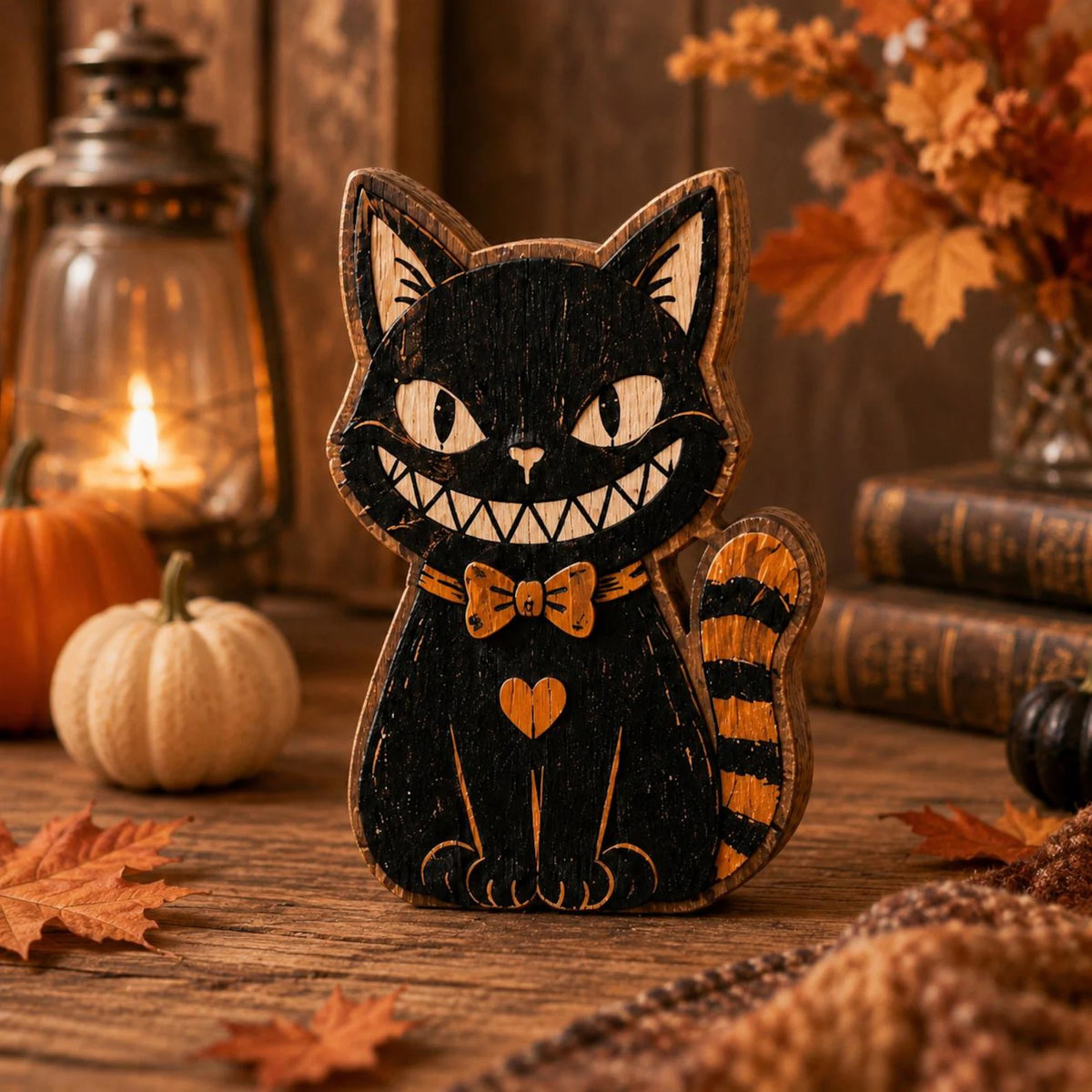 Retro Black Cat Halloween Wooden Block, Vintage Spooky Shelf Sitter, Rustic Fall Tabletop Decor, Cute Pumpkin Season Decoration, Halloween Gift