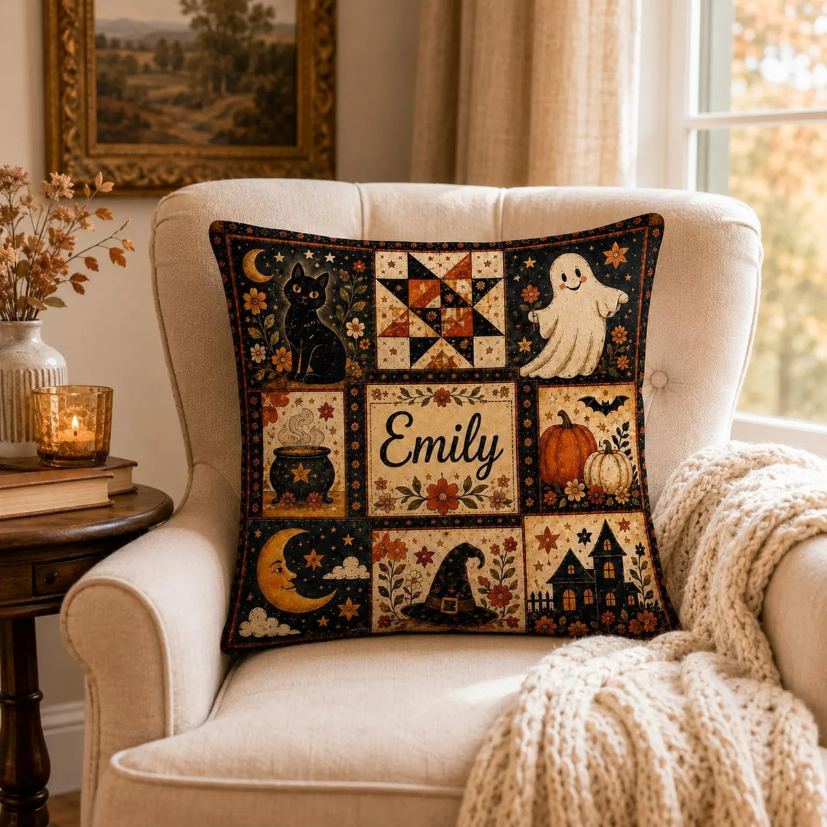 Custom Name Halloween Patchwork Pillow Cover, Vintage Pumpkin Ghost Black Cat Throw Pillow, Cozy Farmhouse Fall Decor, Personalized Spooky Cushion Gift