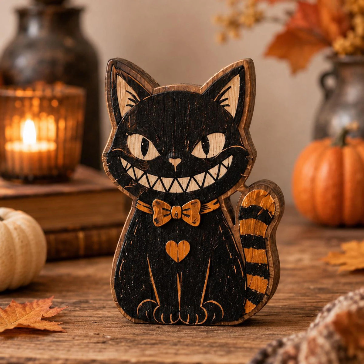 Retro Black Cat Halloween Wooden Block, Vintage Spooky Shelf Sitter, Rustic Fall Tabletop Decor, Cute Pumpkin Season Decoration, Halloween Gift