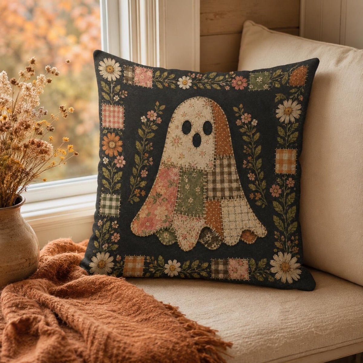 Halloween Ghost Pillow Cover, Vintage Patchwork Floral Throw Pillow, Cute Spooky Cushion Case, Cottagecore Fall Home Decor, Halloween Gift