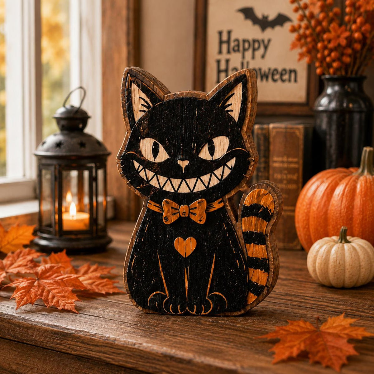 Retro Black Cat Halloween Wooden Block, Vintage Spooky Shelf Sitter, Rustic Fall Tabletop Decor, Cute Pumpkin Season Decoration, Halloween Gift