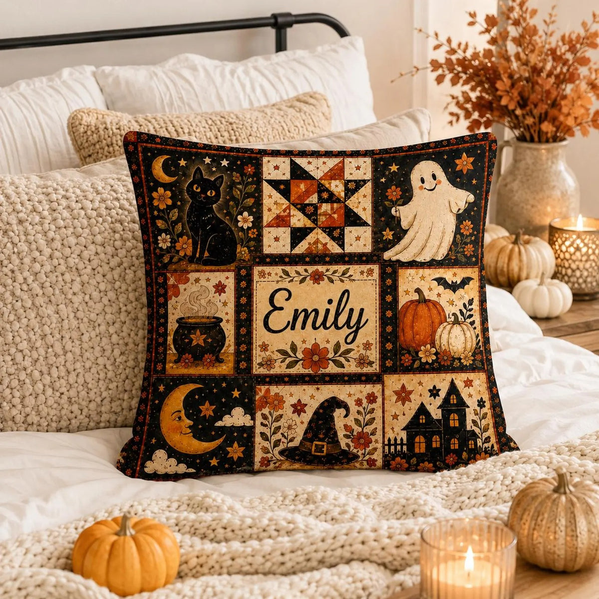 Custom Name Halloween Patchwork Pillow Cover, Vintage Pumpkin Ghost Black Cat Throw Pillow, Cozy Farmhouse Fall Decor, Personalized Spooky Cushion Gift