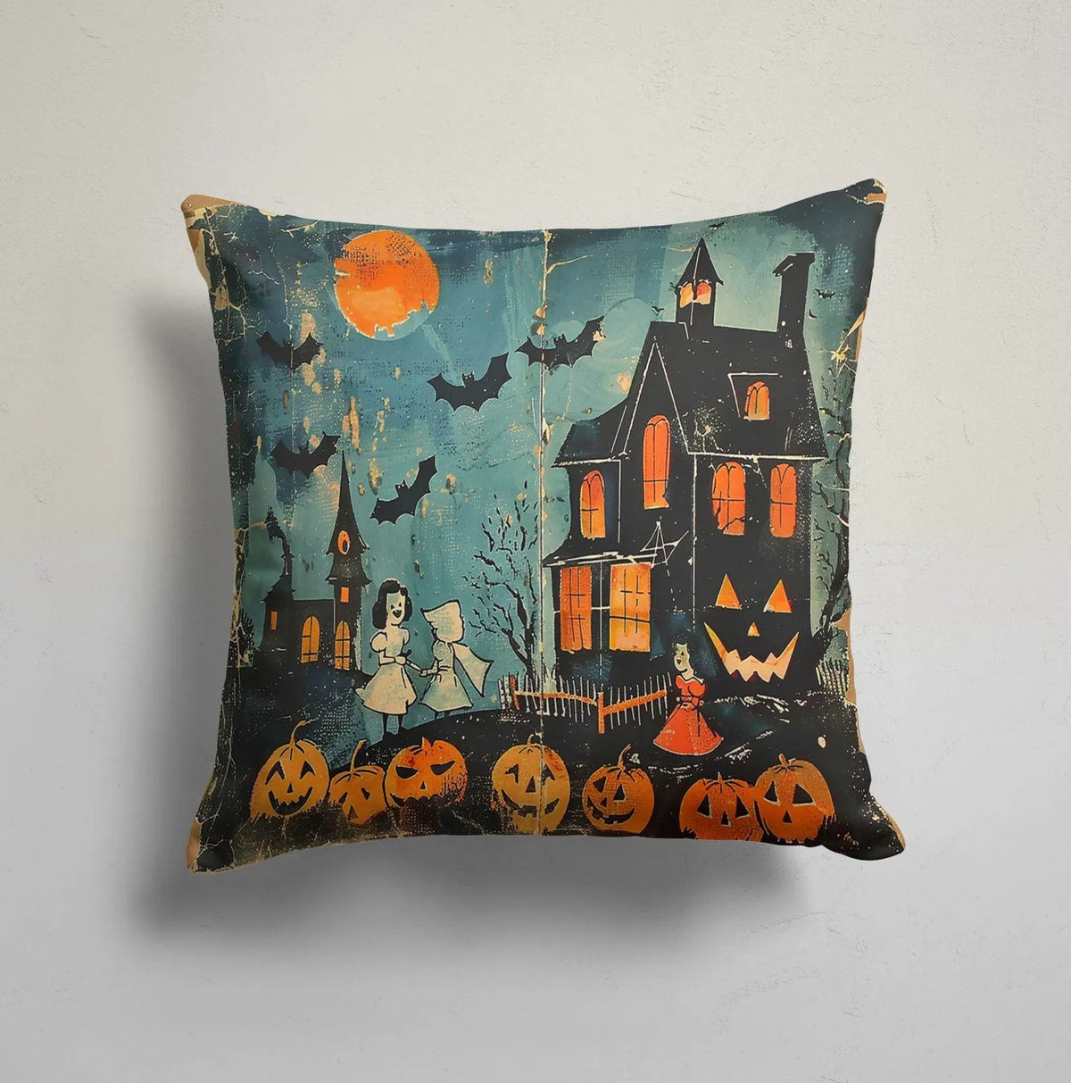 Spooky Halloween Pillow Cover, Haunted House Ghost & Pumpkin Throw Pillows, Fall Home Decor, Custom Size Cushion Covers