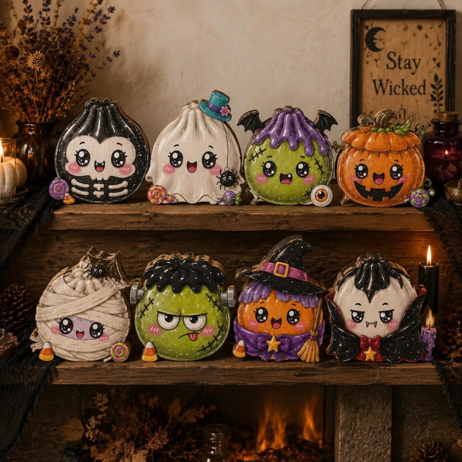 Cute Halloween Dumpling Wooden Blocks Decor Set Kawaii Character Shelf Sitter Spooky Season Home Decoration Kids Room Gift Holiday Display