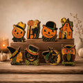 Vintage Halloween Wood Block Decor, Retro Pumpkin Witch Black Cat Owl Shelf Sitters, Spooky Tabletop Fall Decorations