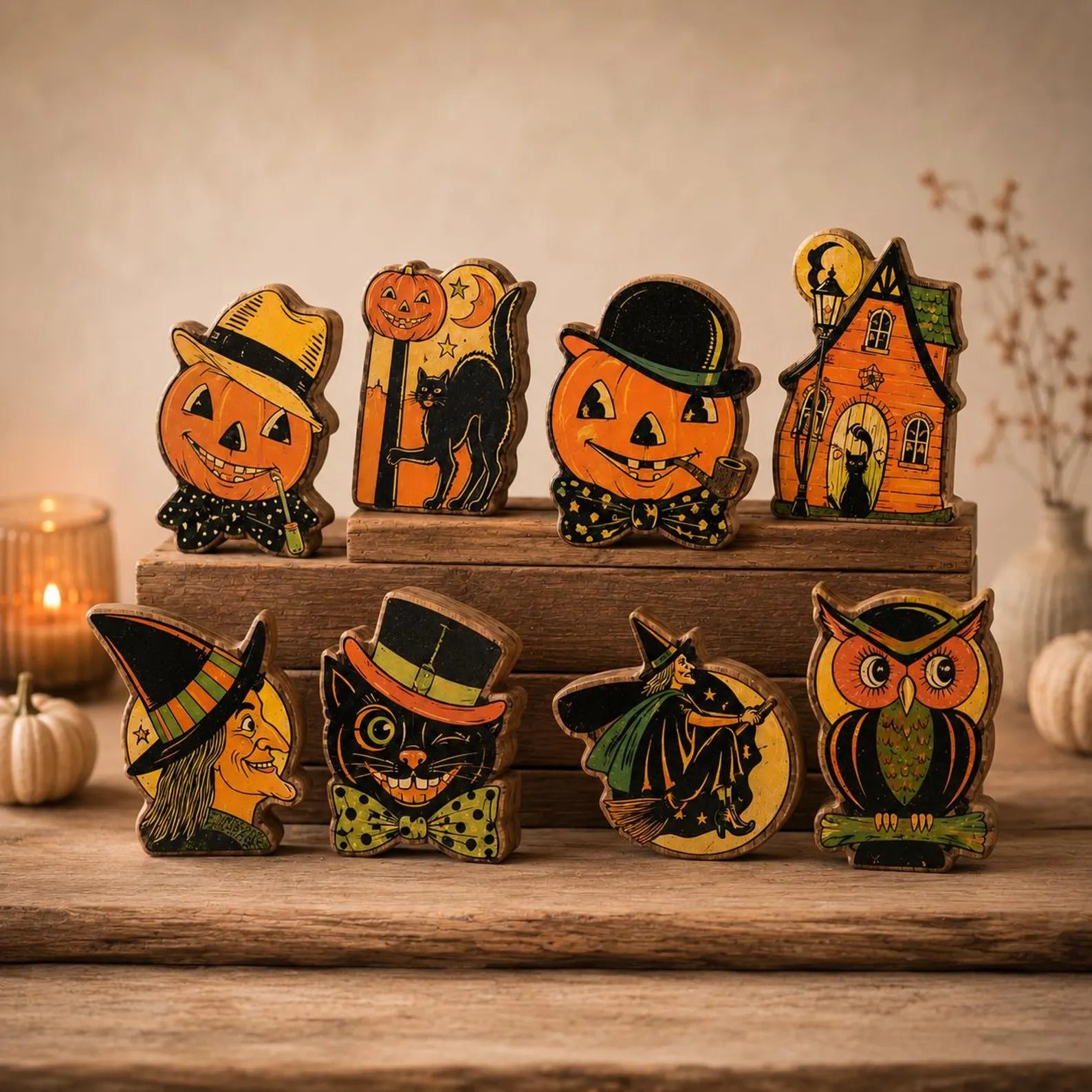 Vintage Halloween Wood Block Decor, Retro Pumpkin Witch Black Cat Owl Shelf Sitters, Spooky Tabletop Fall Decorations