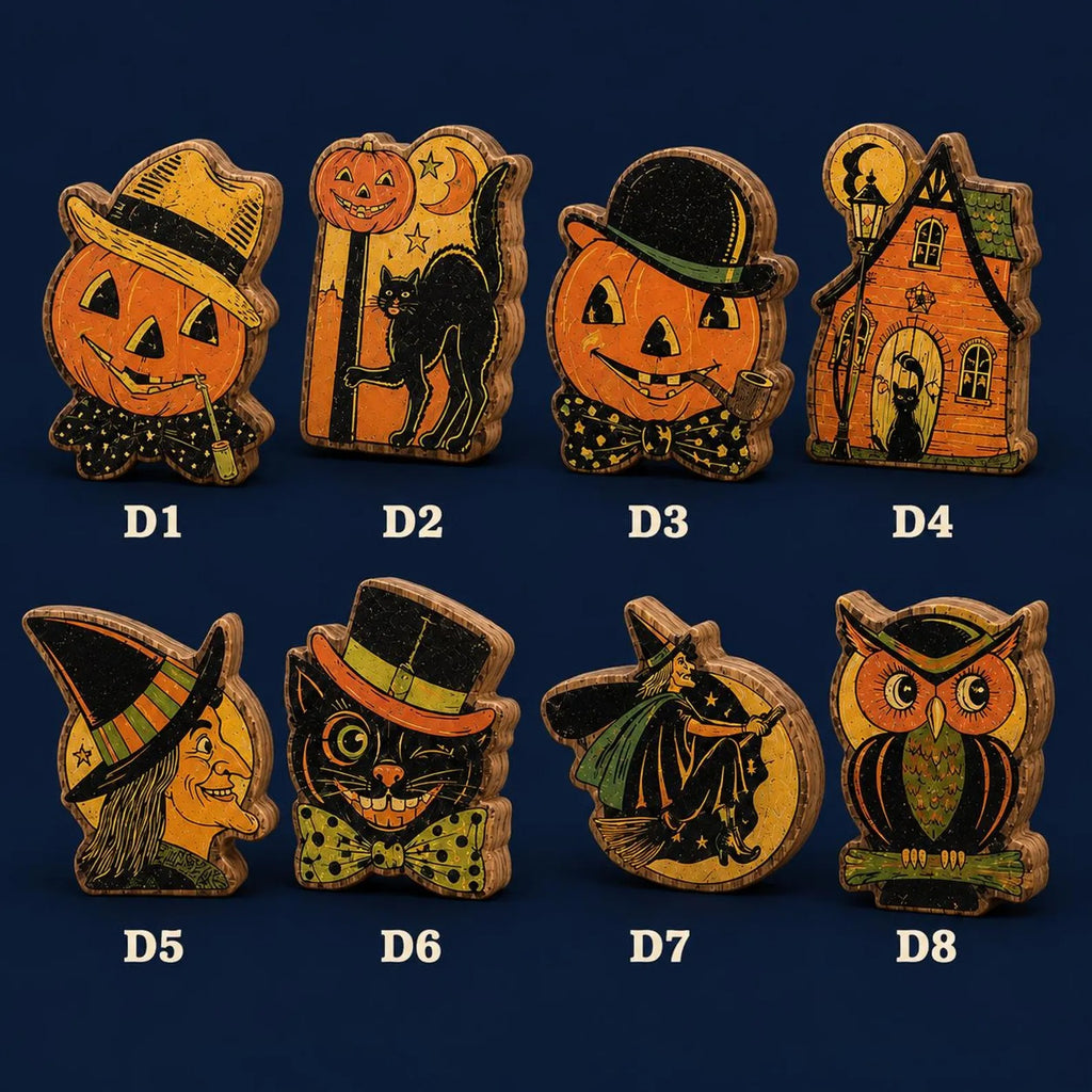 Vintage Halloween Wood Block Decor, Retro Pumpkin Witch Black Cat Owl Shelf Sitters, Spooky Tabletop Fall Decorations