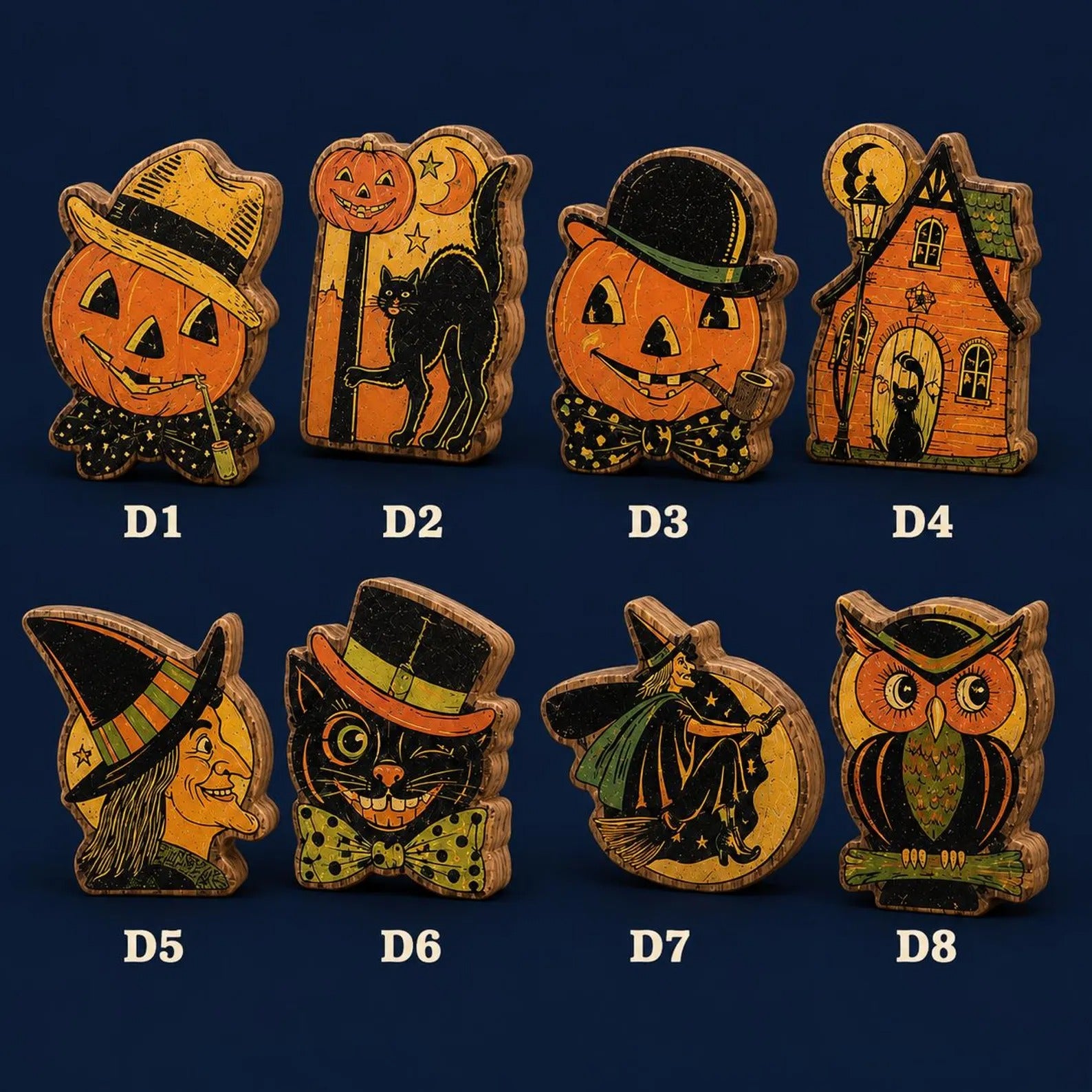 Vintage Halloween Wood Block Decor, Retro Pumpkin Witch Black Cat Owl Shelf Sitters, Spooky Tabletop Fall Decorations