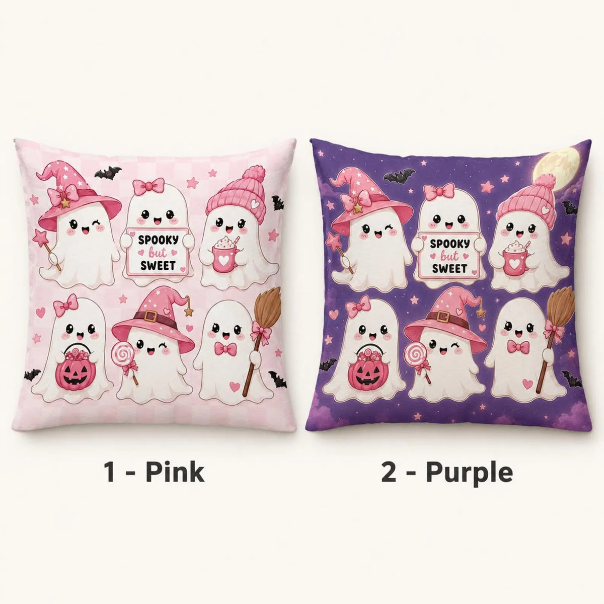 Halloween Ghost All-Over Print Pillow Cover, Cute Pink Spooky Throw Cushion, Kawaii Witch Decor, Fall Home Accent, Halloween Gift for Kids & Friends