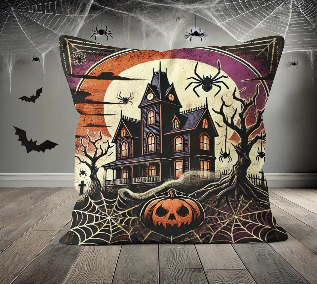Vintage Halloween Throw Pillow Cover, Haunted House Cushion Case, Spooky Moonlit Night Pillow, Creepy Fall Home Decor, Trick or Treat Gift