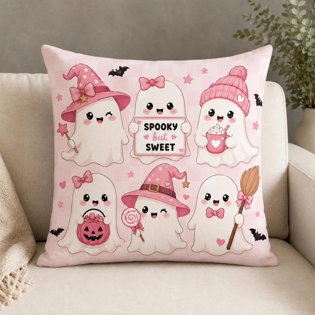 Halloween Ghost All-Over Print Pillow Cover, Cute Pink Spooky Throw Cushion, Kawaii Witch Decor, Fall Home Accent, Halloween Gift for Kids & Friends