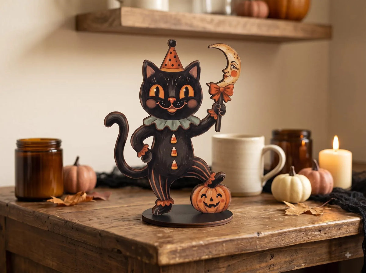Vintage Halloween Wooden Plaque, Retro Shelf Decor, Cute Ghost Pumpkin Black Cat Skeleton Witch Owl, Rustic Indoor Halloween Decoration, Housewarming Gift