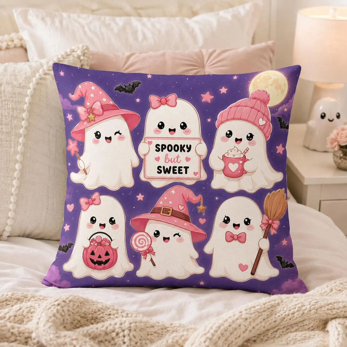 Halloween Ghost All-Over Print Pillow Cover, Cute Pink Spooky Throw Cushion, Kawaii Witch Decor, Fall Home Accent, Halloween Gift for Kids & Friends