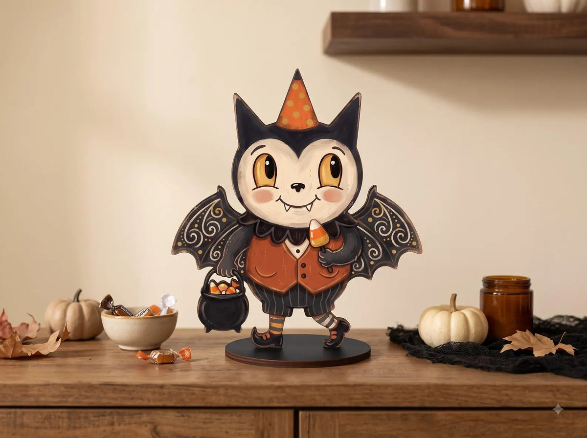 Vintage Halloween Wooden Plaque, Retro Shelf Decor, Cute Ghost Pumpkin Black Cat Skeleton Witch Owl, Rustic Indoor Halloween Decoration, Housewarming Gift