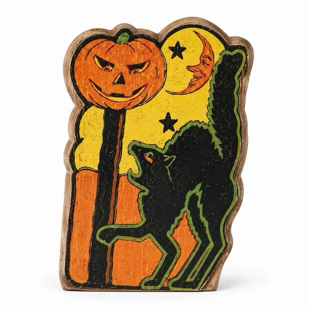 Vintage Halloween Wood Block Decor, Retro Pumpkin Witch Black Cat Owl Shelf Sitters, Spooky Tabletop Fall Decorations