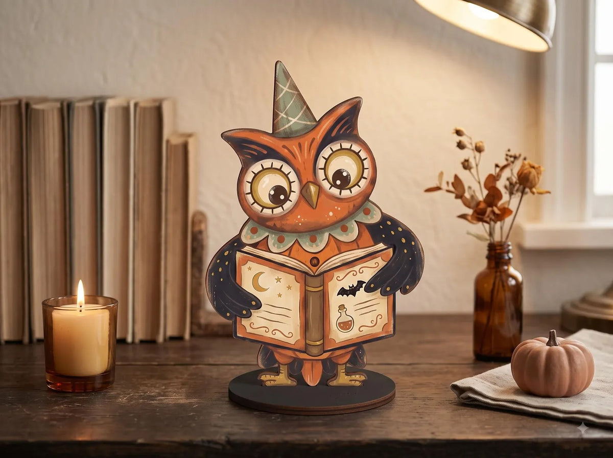 Vintage Halloween Wooden Plaque, Retro Shelf Decor, Cute Ghost Pumpkin Black Cat Skeleton Witch Owl, Rustic Indoor Halloween Decoration, Housewarming Gift