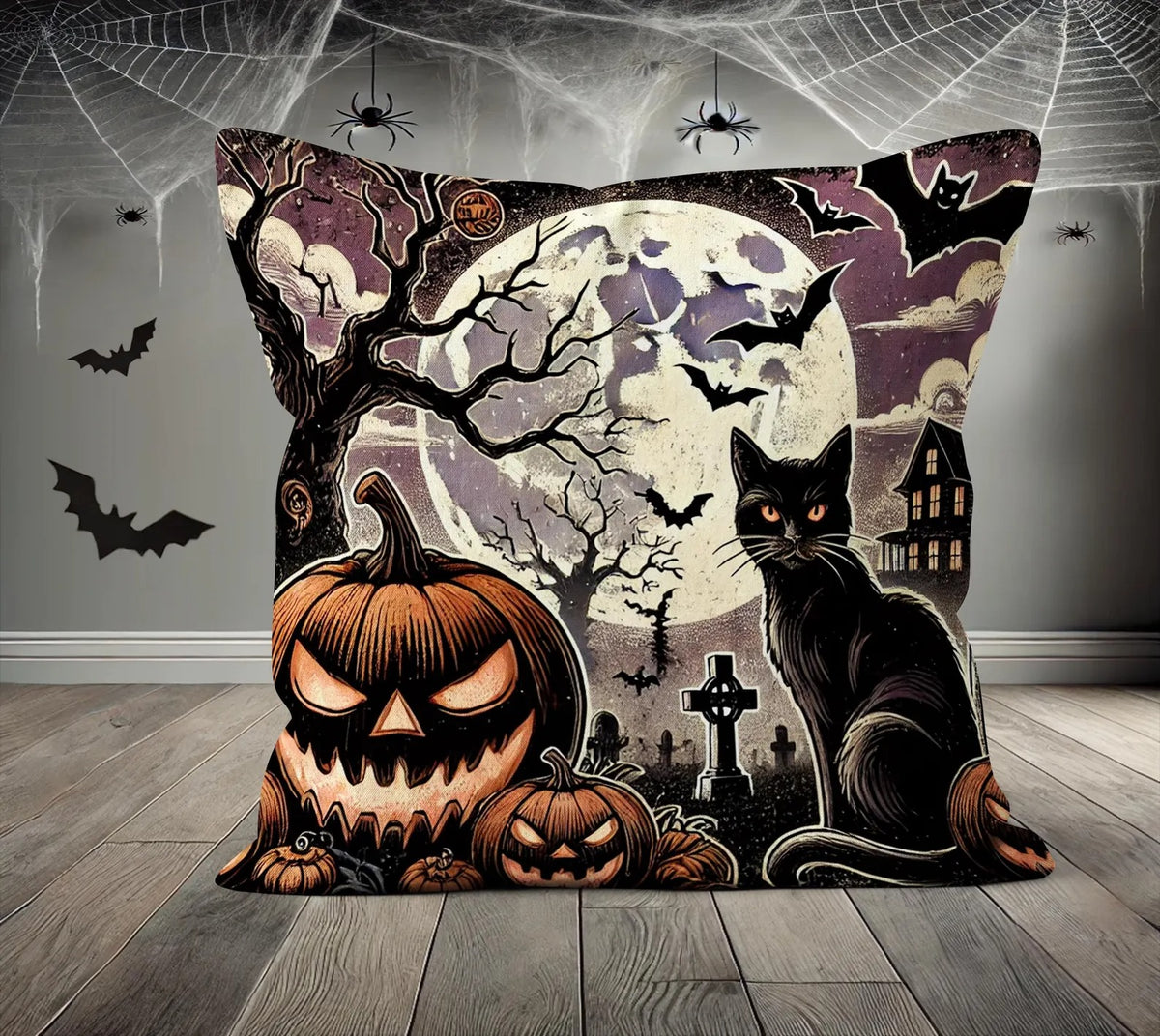 Vintage Halloween Throw Pillow Cover, Haunted House Cushion Case, Spooky Moonlit Night Pillow, Creepy Fall Home Decor, Trick or Treat Gift