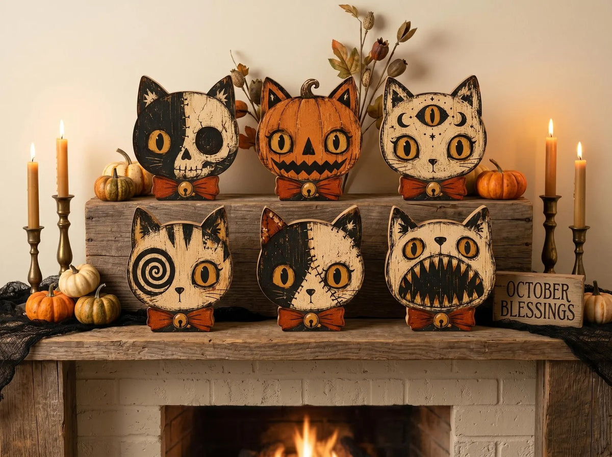 Vintage Halloween Cat Wooden Block Decor, Primitive Skull Black Cat Shelf Sitter, Rustic Indoor Halloween Decoration, Spooky Home Decor, Housewarming Gift