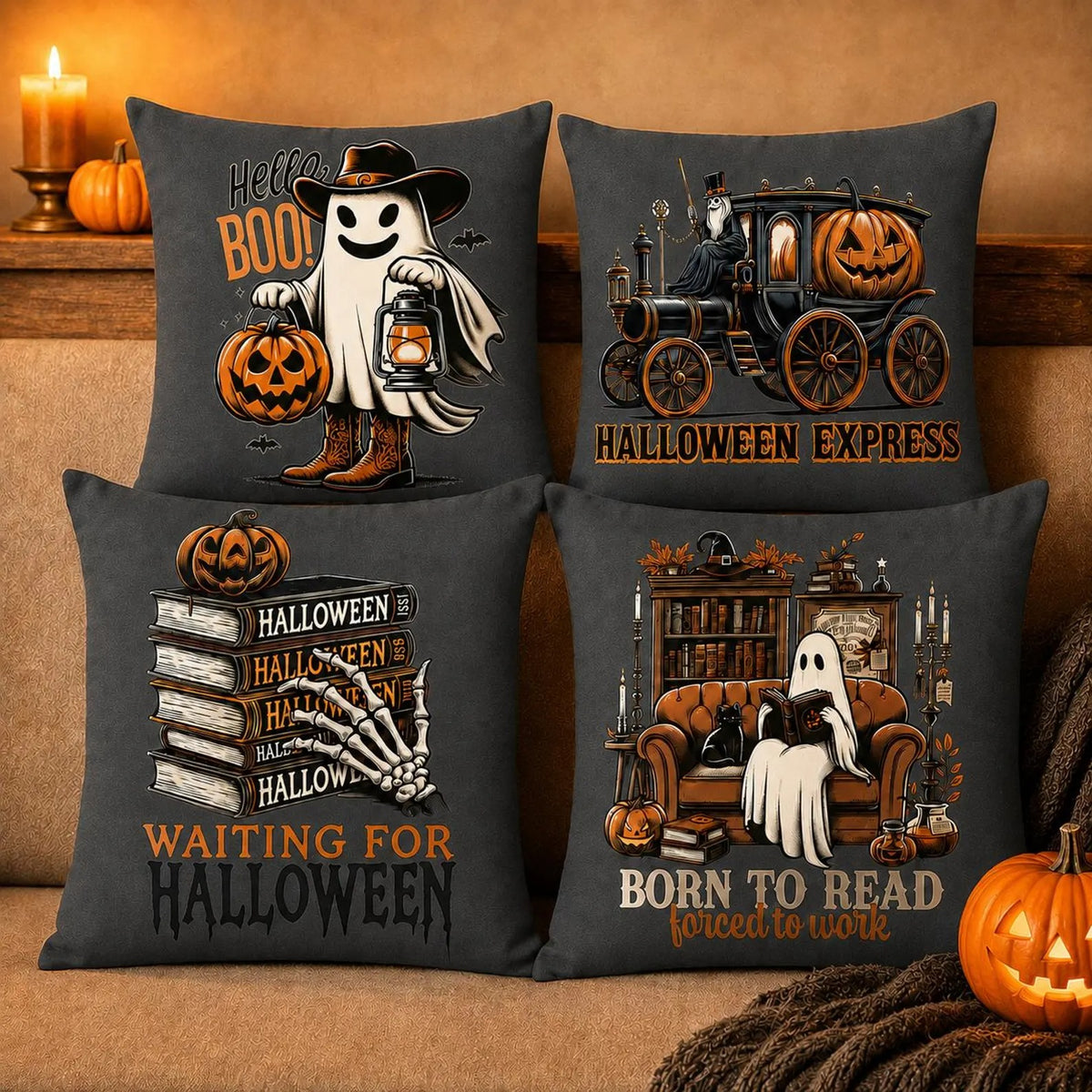 Halloween Pillow Cover, Spooky Ghost & Witch Throw Pillow, Vintage Fall Decor, Pumpkin Black Cat Gothic Cushion Case, Halloween Home Decoration