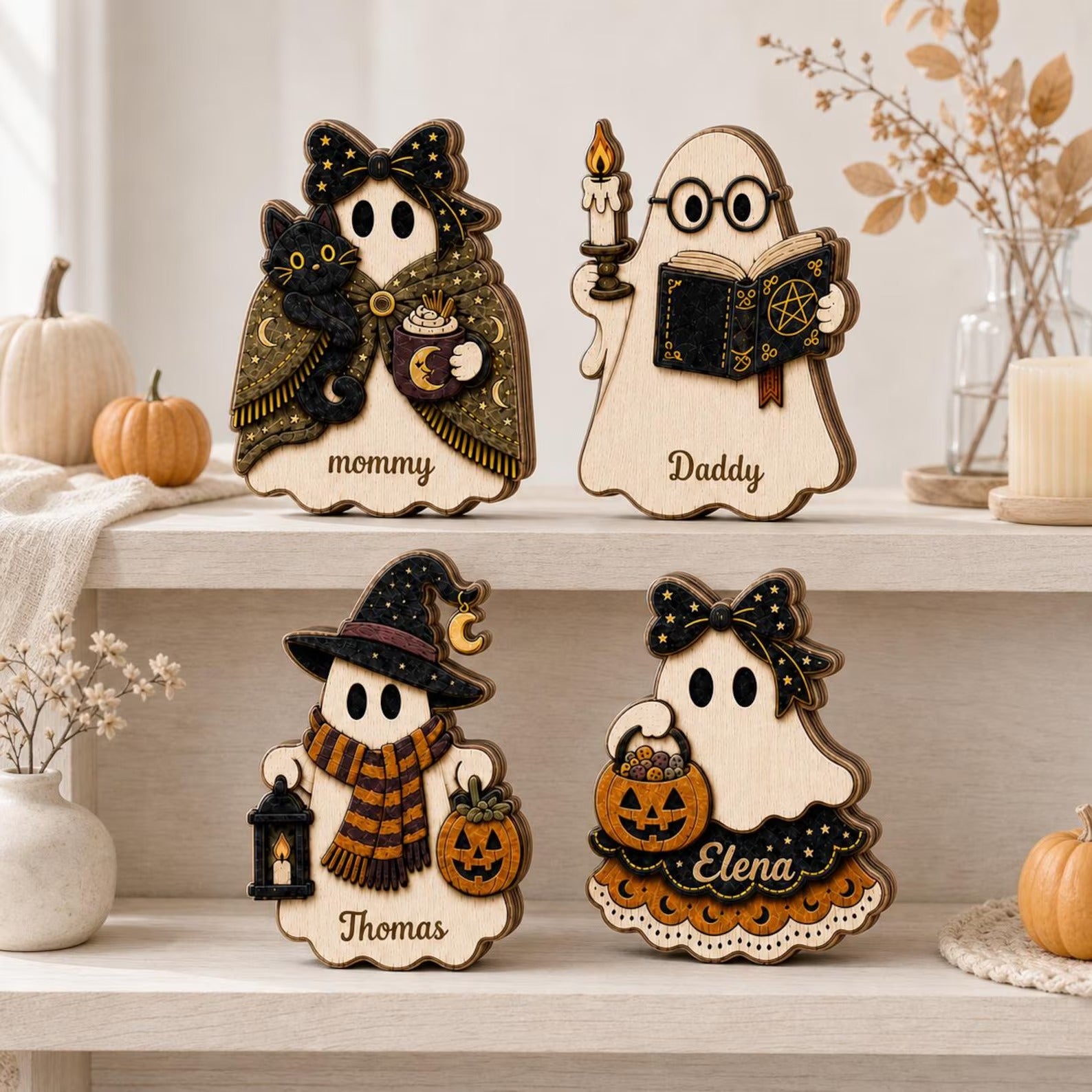 Custom Name Ghost Halloween Wooden Block, Wooden Ghosts Shelf Sitter, Rustic Fall Shelf Sitter, Farmhouse Table Decor, Cute Boo Magnetic